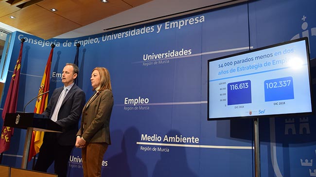 El consejero de Empleo, Javier Celdr&aacute;n, y la directora general del SEF, Severa Gonz&aacute;lez, durante la comparecencia previa a la comisi&oacute;n de seguimiento de la Estrategia por el Empleo de Calidad.