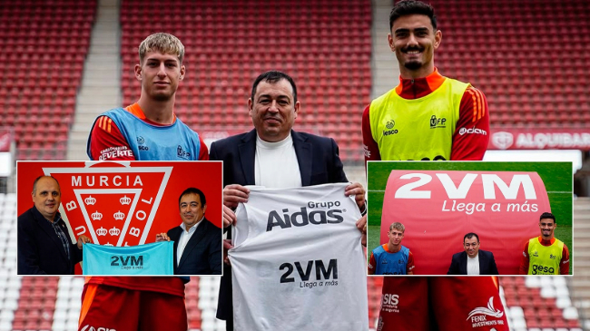 El CEO de la Agencia 2VM, José Hernández, junto a Álvaro Buendía, consejero encargado del área comercial y dos jugadores del club, mostrando la imagen de la agencia. El CEO de la Agencia 2VM, José Hernández, junto a Álvaro Buendía, consejero encargado del área comercial y dos jugadores del club, mostrando la imagen de la agencia.