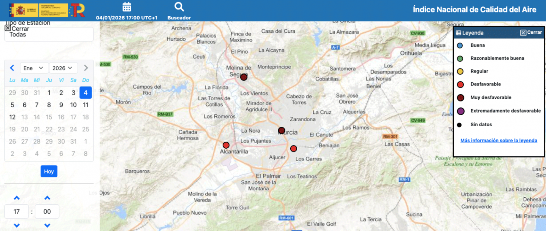 Mapa del &Iacute;ndice Nacional de Calidad del Aire (MITECO) en el entorno de Murcia, 4 de enero de 2026 (17:00 h), con registros desfavorables y muy desfavorables en varias estaciones