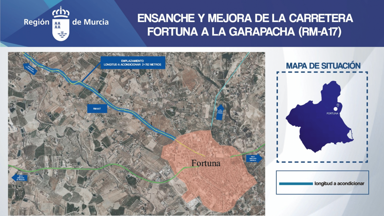 Panel de la obra que sale a licitaci&oacute;n para mejorar la carretera RM-A17 en Fortuna - CARM