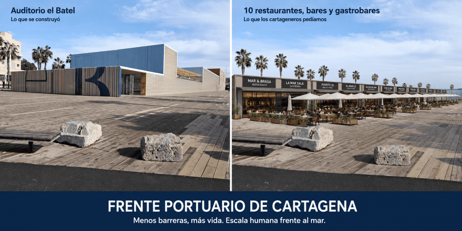 Frente portuario de Cartagena. Lo que se construy&oacute; (izquierda) y lo que los cartageneros ped&iacute;amos (derecha). Menos barreras, m&aacute;s vida. Escala humana frente al mar