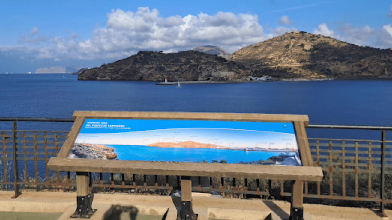 El cartel del Sendero Azul del Puerto de Cartagena, con la bah&iacute;a al fondo. Una de las vistas m&aacute;s completas del Mediterr&aacute;neo occidental, a diez minutos del centro hist&oacute;rico