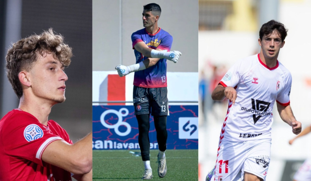 De izquierda a derecha, los tres fichajes del UCAM CF: Juanan Aguilera, &Aacute;lex Lazaro y &Aacute;lex Fern&aacute;ndez