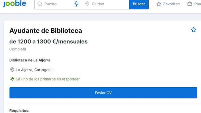 Captura de la falsa oferta de empleo publicada en el portal&nbsp;Jooble