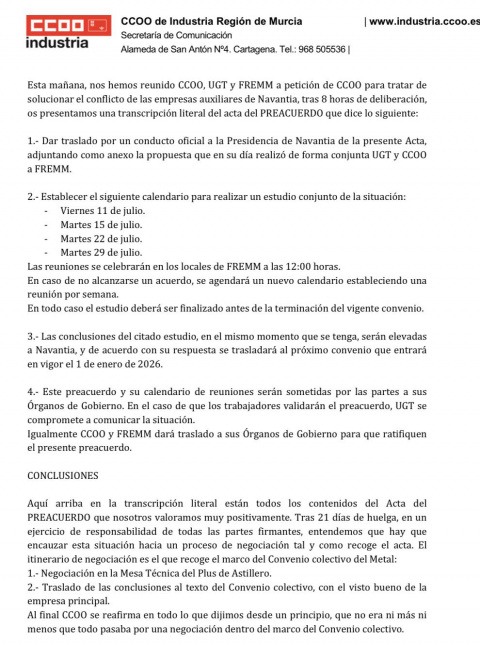 Preacuerdo alcanzado entre sindicatos y patronal para desencallar la huelga del metal en la Región de Murcia.