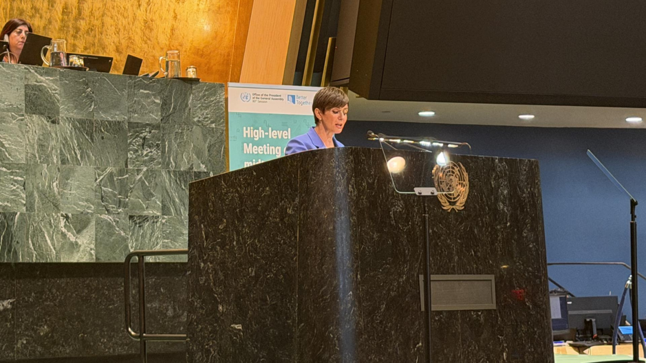 La ministra de Vivienda y Agenda Urbana, Isabel Rodr&iacute;guez, en la Reuni&oacute;n de Alto Nivel para la Revisi&oacute;n en T&eacute;rmino Medio de la Nueva Agenda Urbana, celebrada en la Asamblea de la ONU.