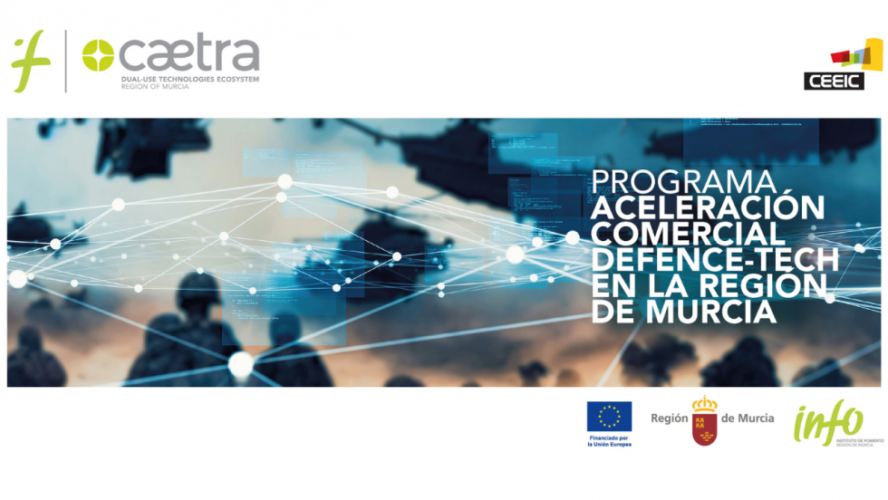 Cartel de la segunda edición del programa de aceleración comercial Defence-Tech, impulsado por el Info y el Ceeic dentro del ecosistema tecnológico Caetra.
