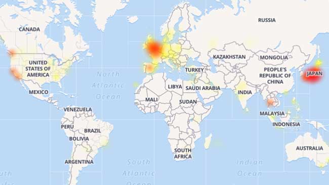 Mapa de la web downdetector.com con las quejas de los usuarios sobre la ca&iacute;da de Twitter