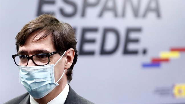El ministro de Sanidad, Salvador Illa, durante su intervenci&oacute;n en la rueda de prensa posterior a la reuni&oacute;n semanal del Consejo de ministros, el pasado martes en Moncloa. EFE/ Mariscal