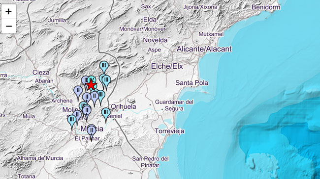 Localizaci&oacute;n del se&iacute;smo y de las poblaciones donde se ha sentido. Imagen: Instituto Geogr&aacute;fico Nacional