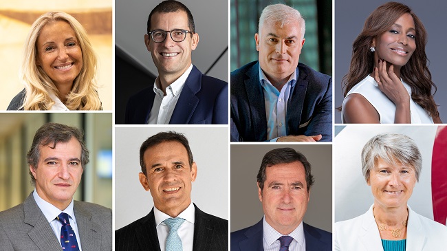 De izda. a dcha.: M&ordf;. Helena Antol&iacute;n (Grupo Antol&iacute;n); Horacio Morell (IBM); Daniel Jim&eacute;nez (Vodafone); Bisila Bokoko (BBES International); Man&eacute; Calvo (Grupo Calvo); Jaume Masana (Caixabank); Antonio Garamendi (CEOE) y H&ea
