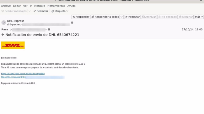 Imagen del correo fraudulento - Incibe