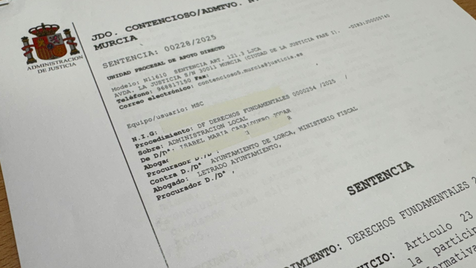 Sentencia del Juzgado de lo Contencioso-Administrativo nº 5 de Murcia que condena al Ayuntamiento de Lorca por vulnerar derechos fundamentales de participación política Sentencia del Juzgado de lo Contencioso-Administrativo nº 5 de Murcia que condena al Ayuntamiento de Lorca por vulnerar derechos fundamentales de participación política