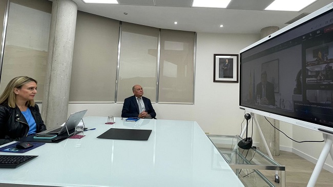 La consejera de Pol&iacute;tica Social, Conchita Ruiz, y el secretario general de la Consejer&iacute;a, Leopoldo Olmo, durante la videoconferencia con el ministro